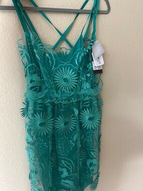 Alberta Ferretti Turquoise Embroidered Sheer Dress NWT
